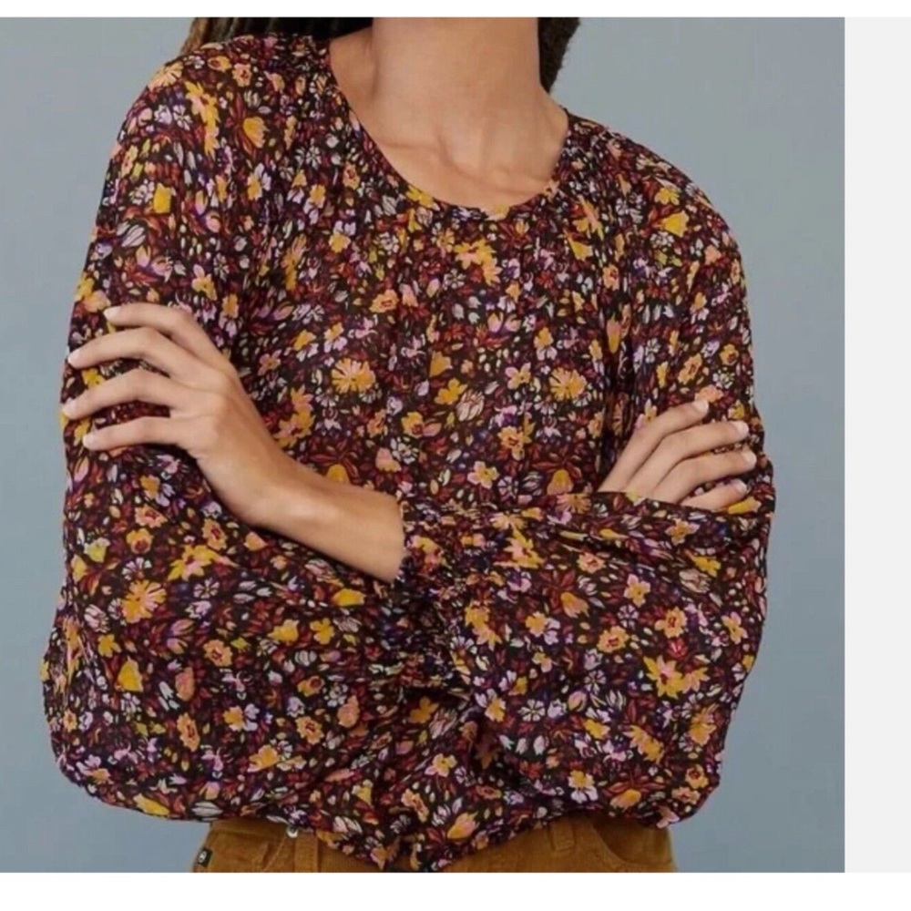 Anthropologie “Pauline” Blouse Black Floral Tassel Tie Front Size S